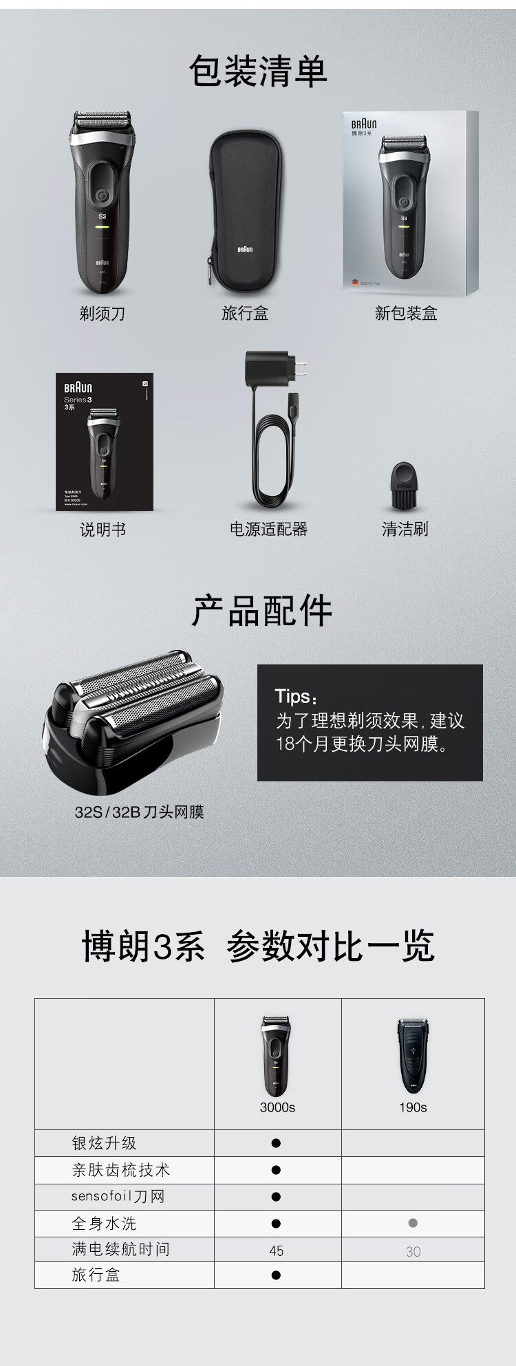 博朗(braun)电动剃须刀全身水洗往复式刮胡刀德国进口三刀头3系3000s