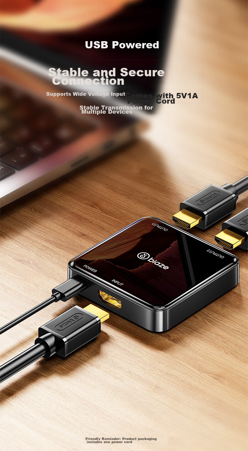 HDMI сплиттер BIAZE 1x2, 4K HD, для подключения ноутбука, ТВ-приставки к монитору или проектору, зеркальное отображение экрана