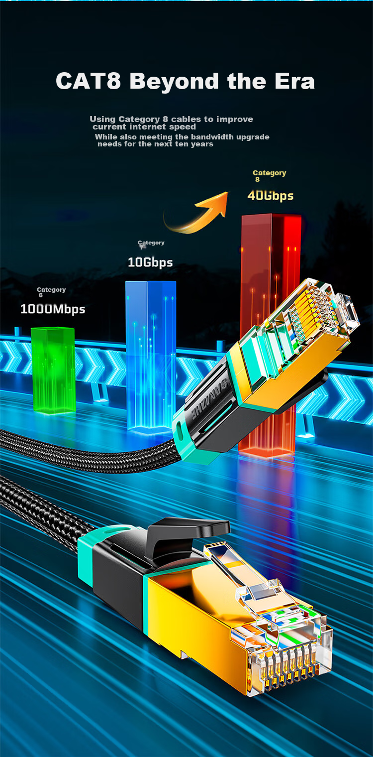 Сетевой кабель SAMZHE Cat8 10G, 15 метров, экранированный, для игр, 8-жильный, витая пара, для домашнего компьютера, цвет черный