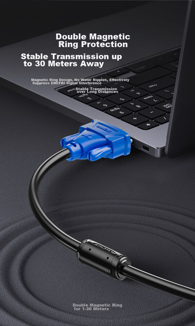 Кабель SAMZHE VGA VM-1020, 2 метра, для подключения компьютера к проектору или монитору, с двумя магнитными кольцами, 3+6 медных жил, черный