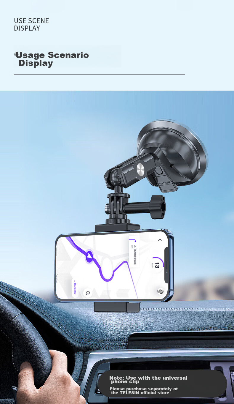 TELESIN Автомобильный держатель с присоской для DJI Action 3, 4, 5 Pro, GoPro, Insta360