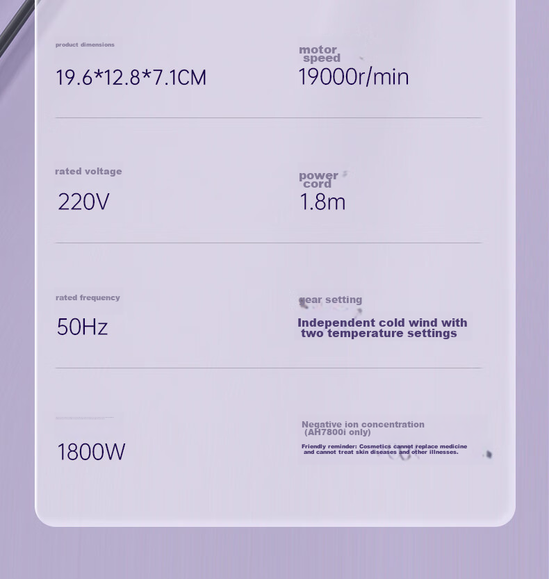 Фен AUX AH7800S, 1800 Вт, синий свет, 190 миллионов отрицательных ионов, защита волос, быстрая сушка, постоянная температура, ослепительно фиолетовый