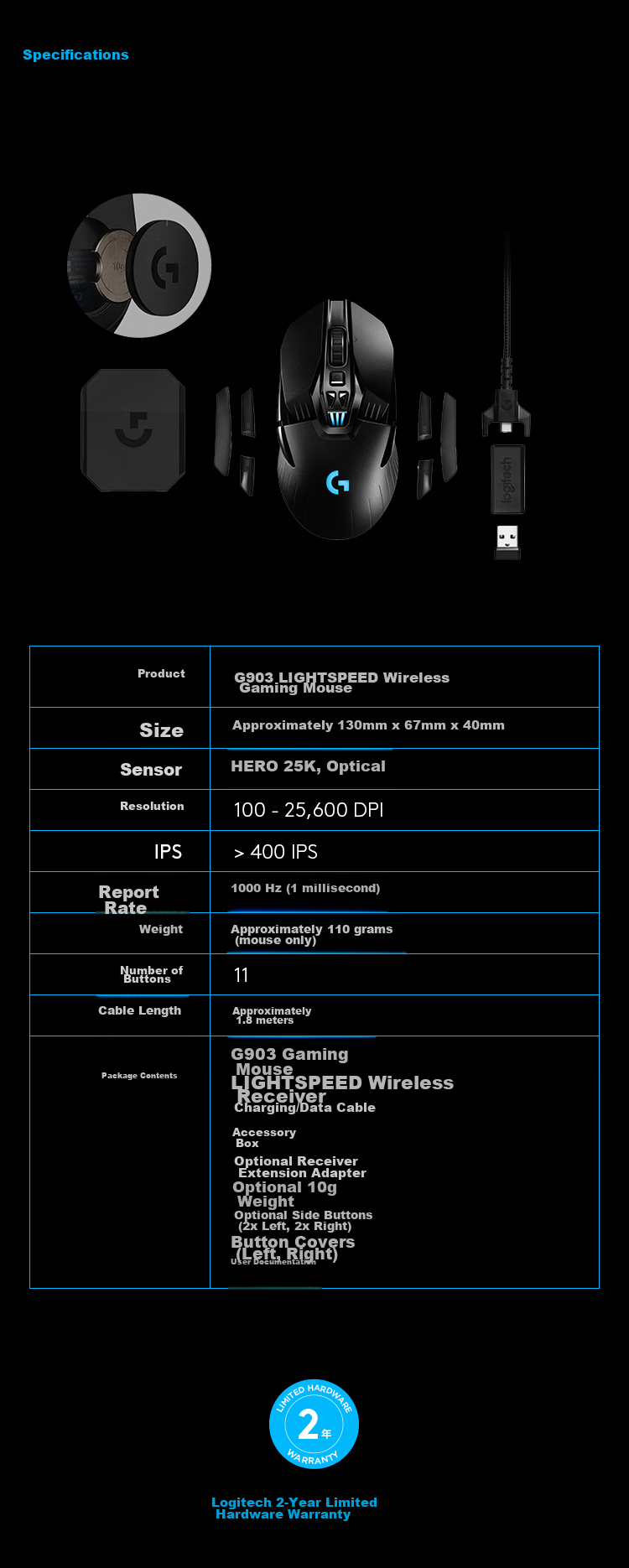 Игровая беспроводная мышь G G903 LIGHTSPEED, обновленная версия, RGB, сенсор HERO, для PUBG, LOL, для левой и правой руки