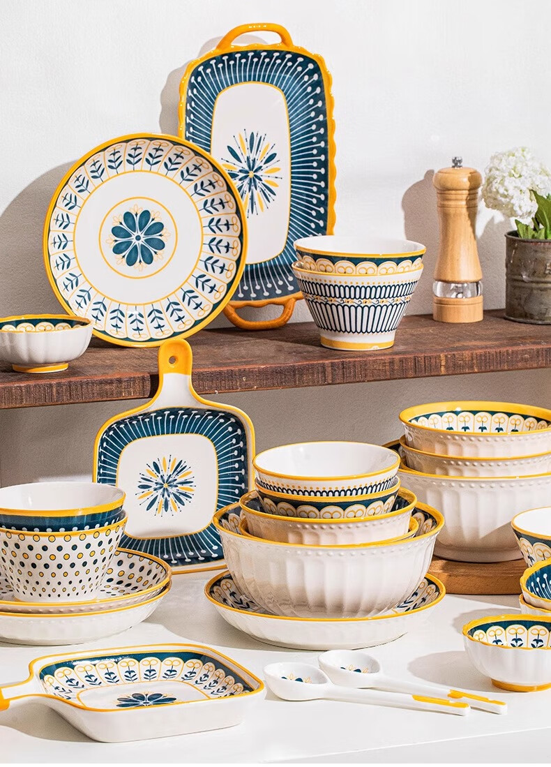 Набор посуды CERAMICS Nordic Style, японский стиль, 16 предметов, керамика, для дома, для новоселья, золотистый