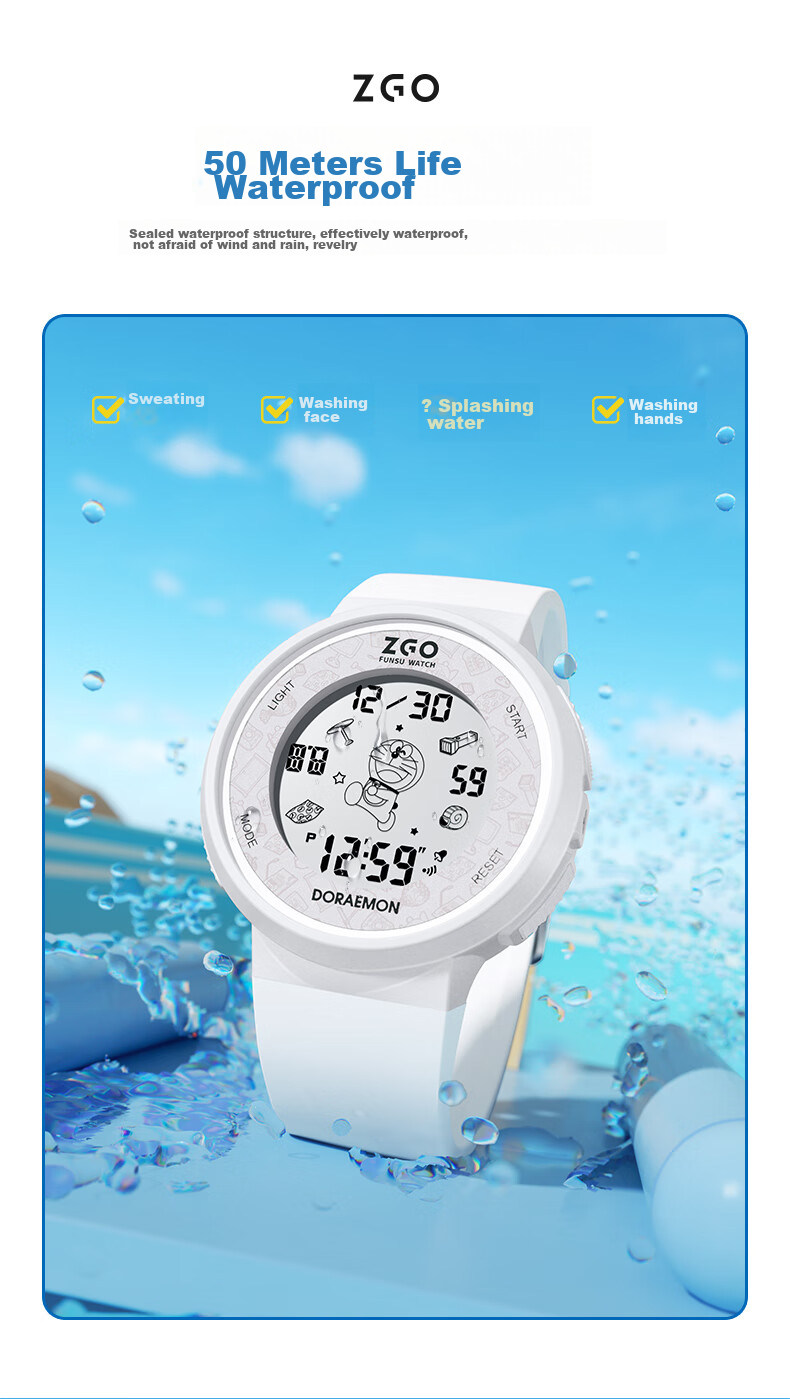 Детские электронные часы ZGO Doraemon 8555, для мальчиков и девочек, водонепроницаемые, с будильником, синие