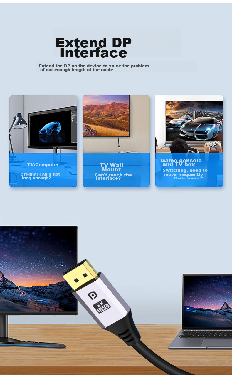 Кабель-удлинитель KSRGB DP 1.4, DisplayPort (штекер) - DisplayPort (гнездо), 8K 60Hz, 4K 144Hz, 0.5 метра, черный