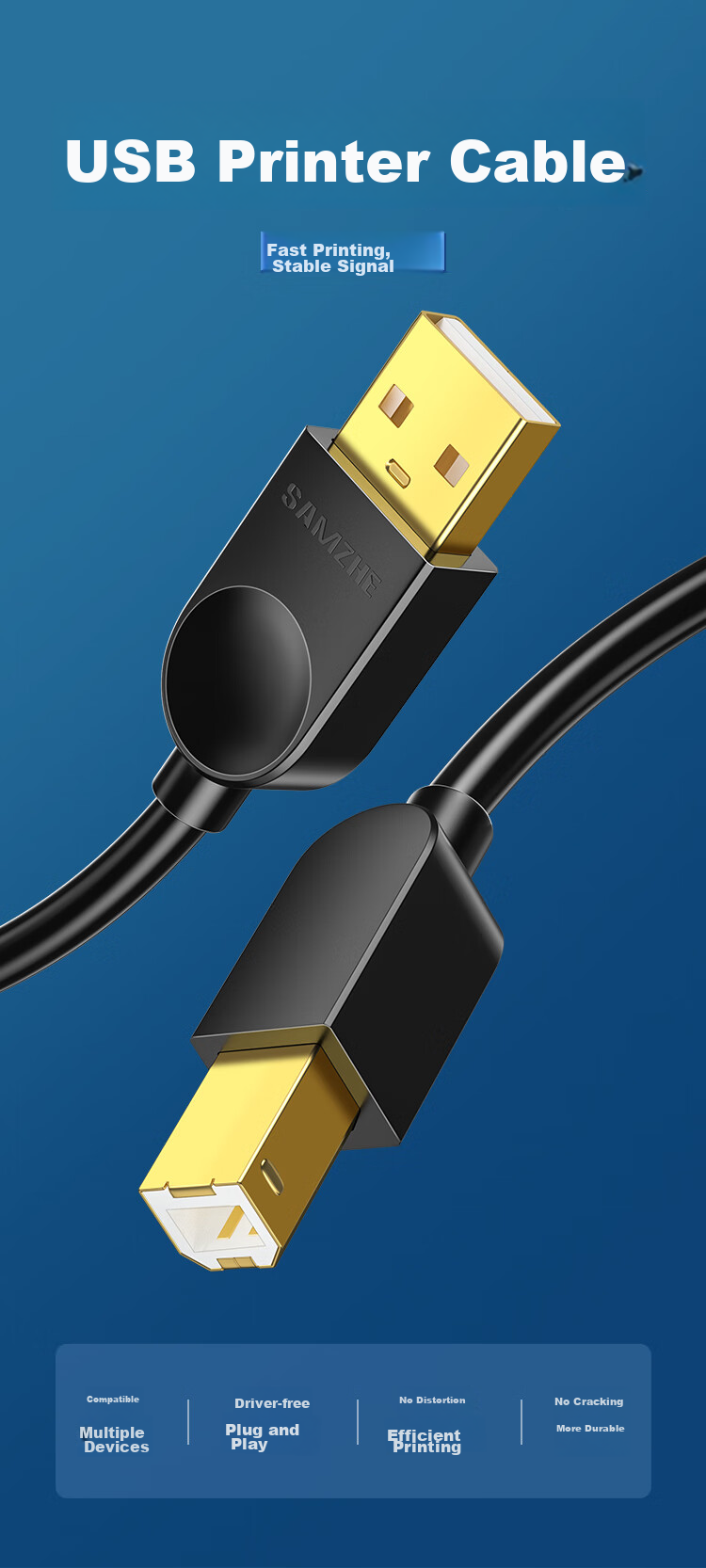 Кабель SAMZHE для принтера, 5 метров, USB 2.0, квадратный порт, совместим с HP, Canon, Epson