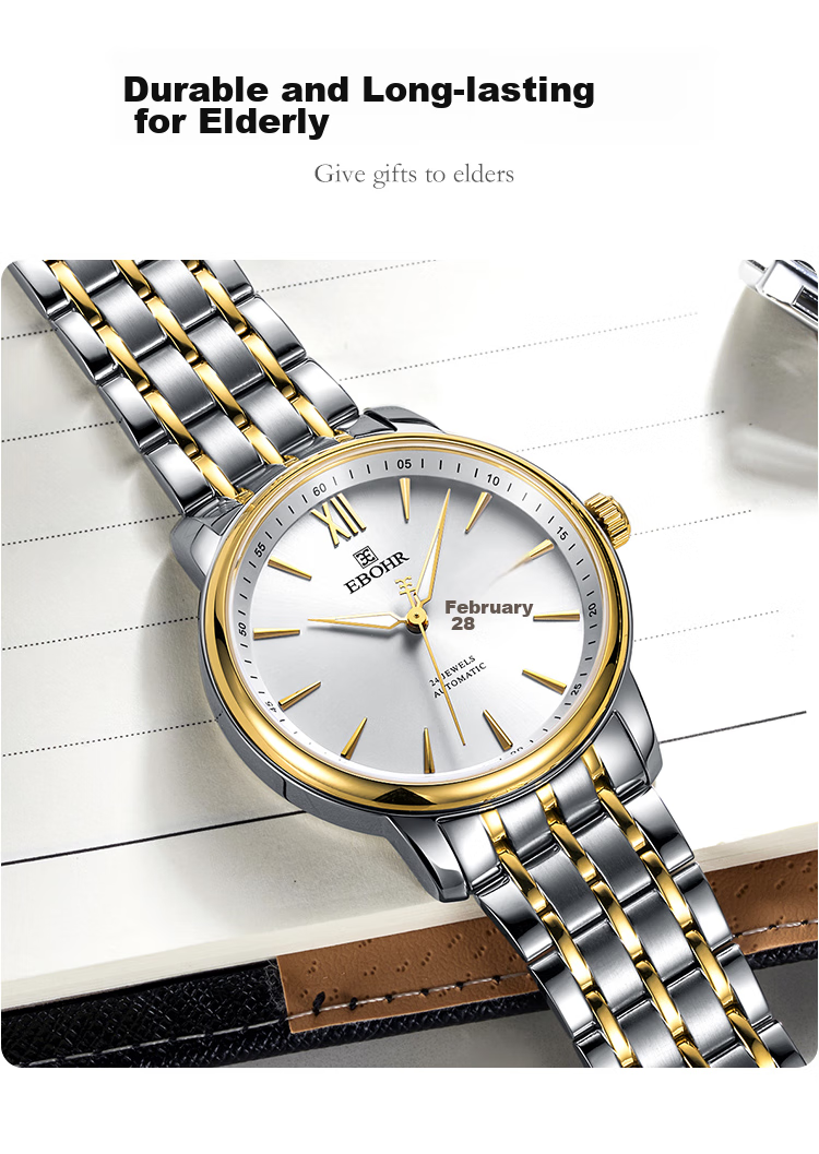 Мужские часы EBOHR Master Series 51879418 с автоматическим механическим механизмом, золотистый браслет из нержавеющей стали, водонепроницаемость 50 м, сапфировое стекло