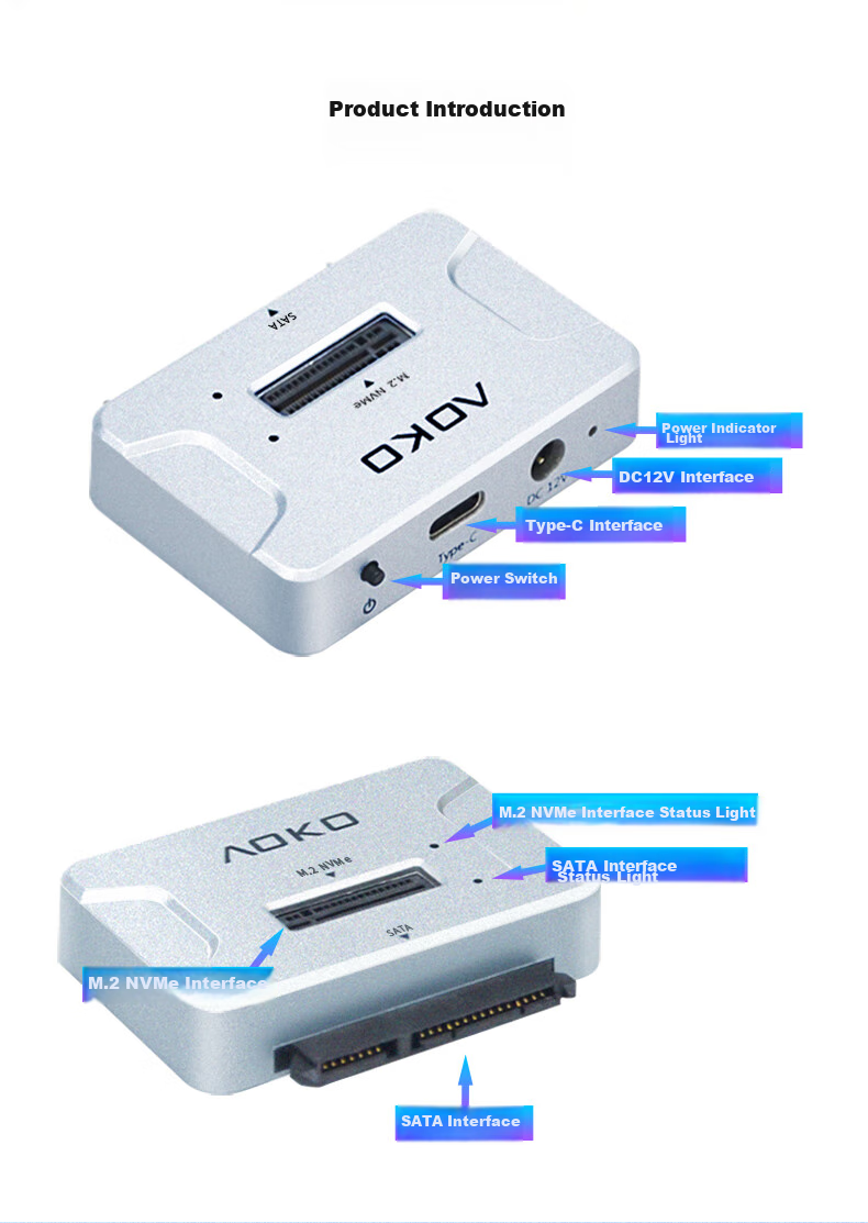 Внешний корпус AOKO AE28SL для M.2 NVMe/SATA SSD и 2.5/3.5" HDD/SSD, USB 3.2 Gen2, Type-C, серебристый