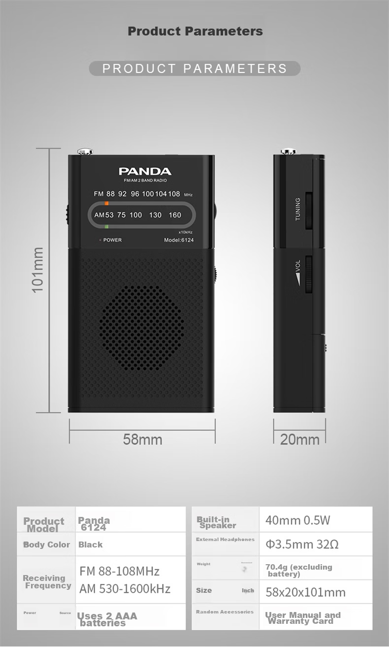 Портативное радио Panda 6124 с двумя диапазонами, карманный FM-тюнер для пожилых людей, компактный транзисторный приемник