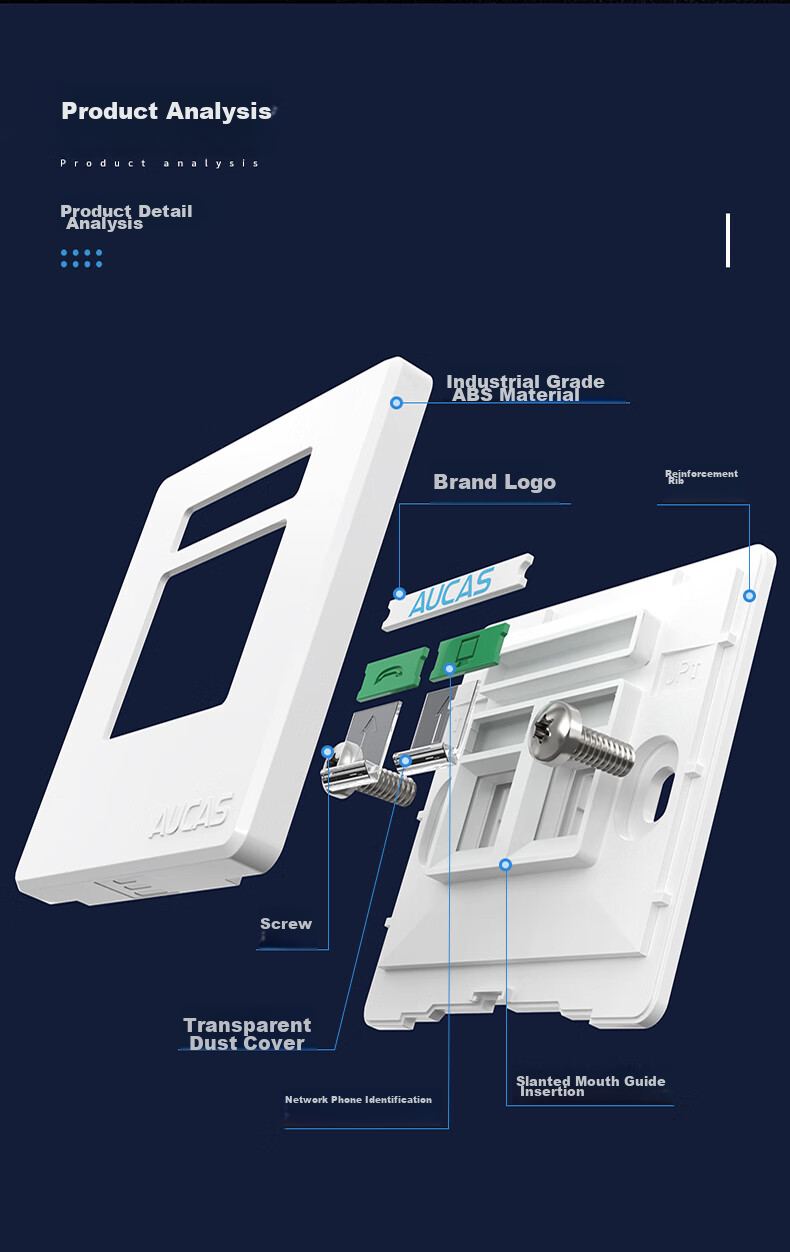Панель для компьютерной розетки AUCAS Universal Ultra-Five/six/seven, усиленная, 86-типовая, с сетевым портом, подходит для информационного модуля телефона, без модуля, белая, ACFP02