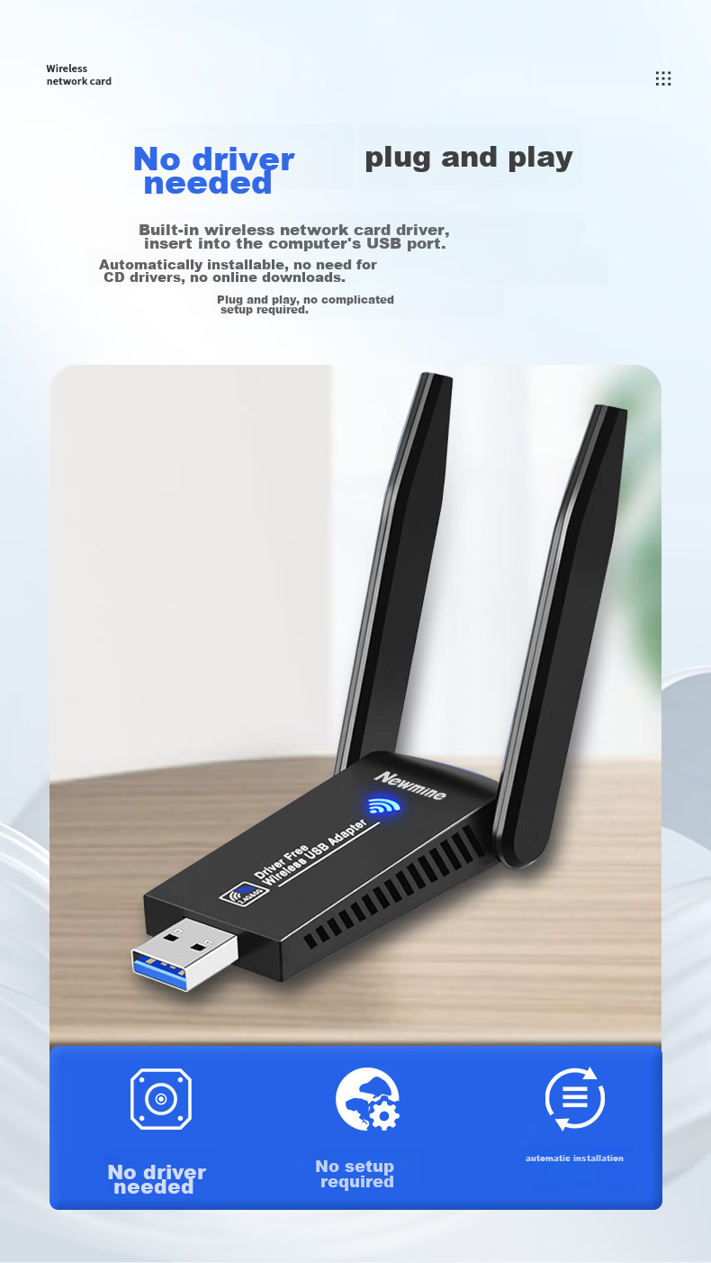 Сетевой адаптер Newmine D1302, 1300 Мбит/с, двухдиапазонный, USB 3.0, с двумя внешними антеннами, для настольных ПК и ноутбуков