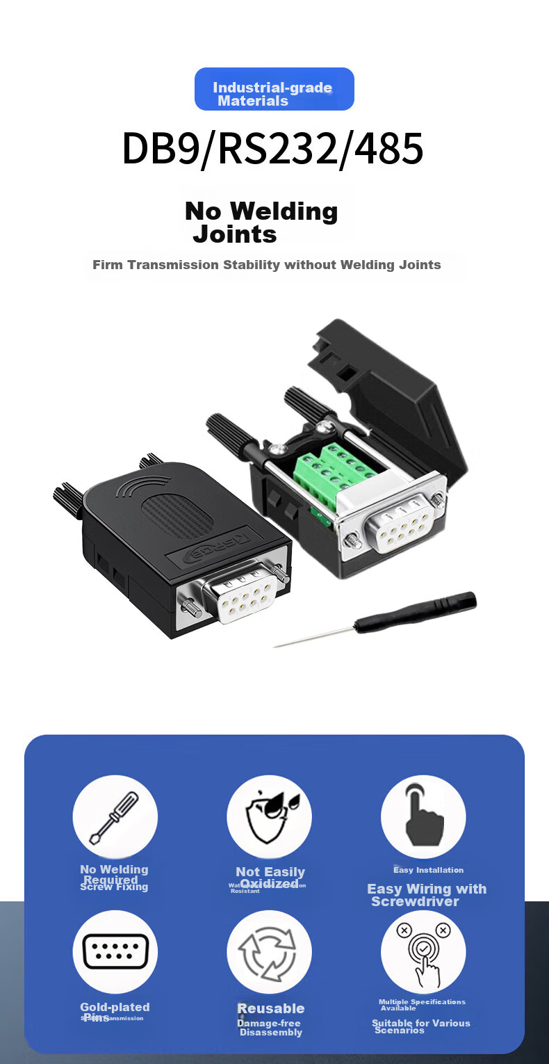 KSRGB DB9 Solderless Connector, RS232/485/422 Serial Port Head, No-Solder 9-Pin Terminal Block, COM Port Adapter (Screw Rod, Female Head, 5-Piece Set), KS-D