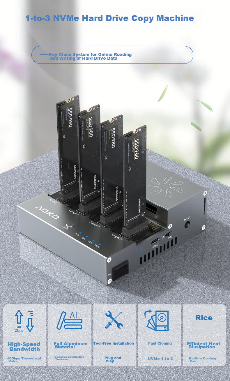 Клонер NVMe SSD AOKO S4CG, 1-на-3, 40 Гбит/с, 4 отсека, с вентилятором
