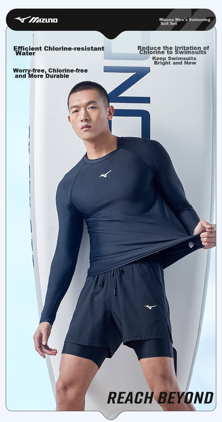 Мужской купальный костюм MIZUNO, комплект из шорт и футболки с коротким рукавом, быстросохнущий, большой размер, черный, L