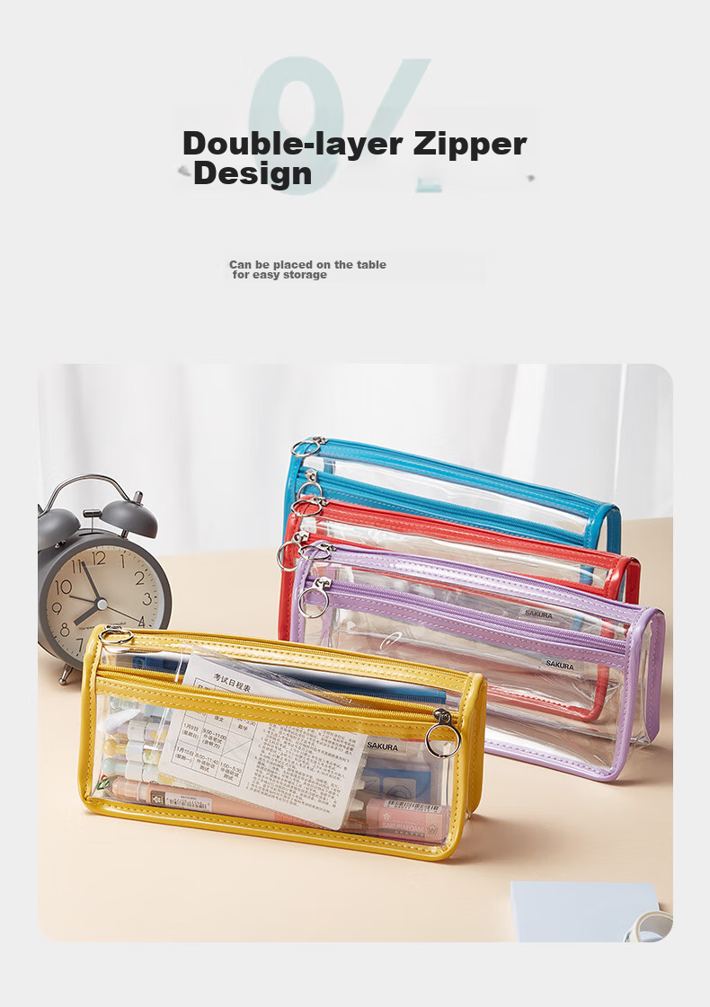 Пенал SAKURA Transparent Exam Pencil Case, фиолетовый, с двойной молнией, для учеников