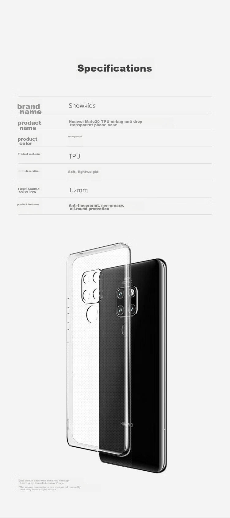 Прозрачный чехол Snowkids для Huawei Mate 20, противоударный мягкий TPU, ультратонкий, простой дизайн для мужчин и женщин