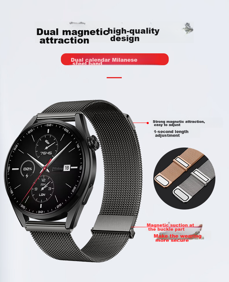 Ремешок Weiqiantu для Huawei Watch GT6/6pro/GT5/5pro/Watch5/4/4pro/3/GT4, миланская петля, металл, сталь, двойной магнит, черный, 46/48 мм, 22 мм