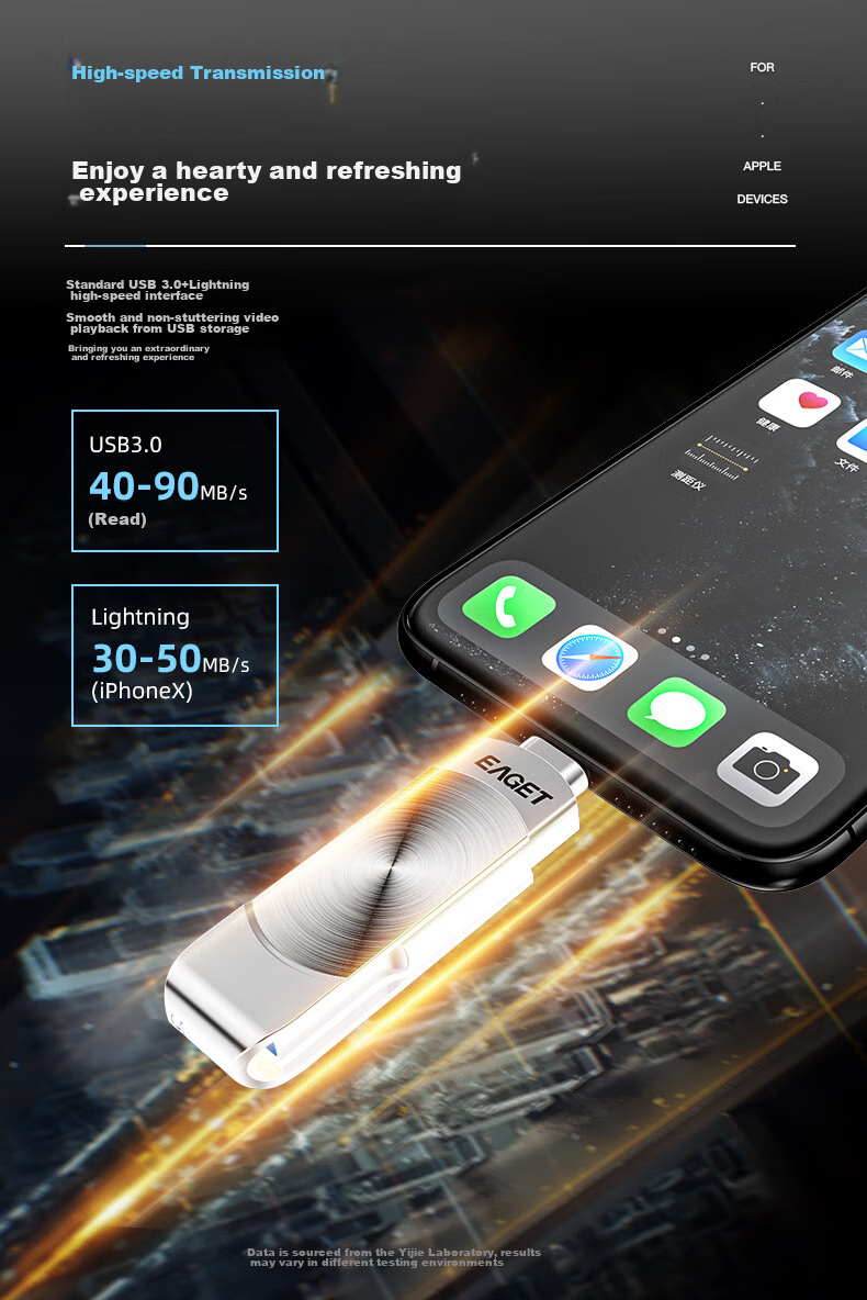 Флеш-накопитель EAGET I66 Lightning USB 3.0, 128 ГБ, MFi сертифицированный, для iPhone/iPad и компьютеров, серебристый