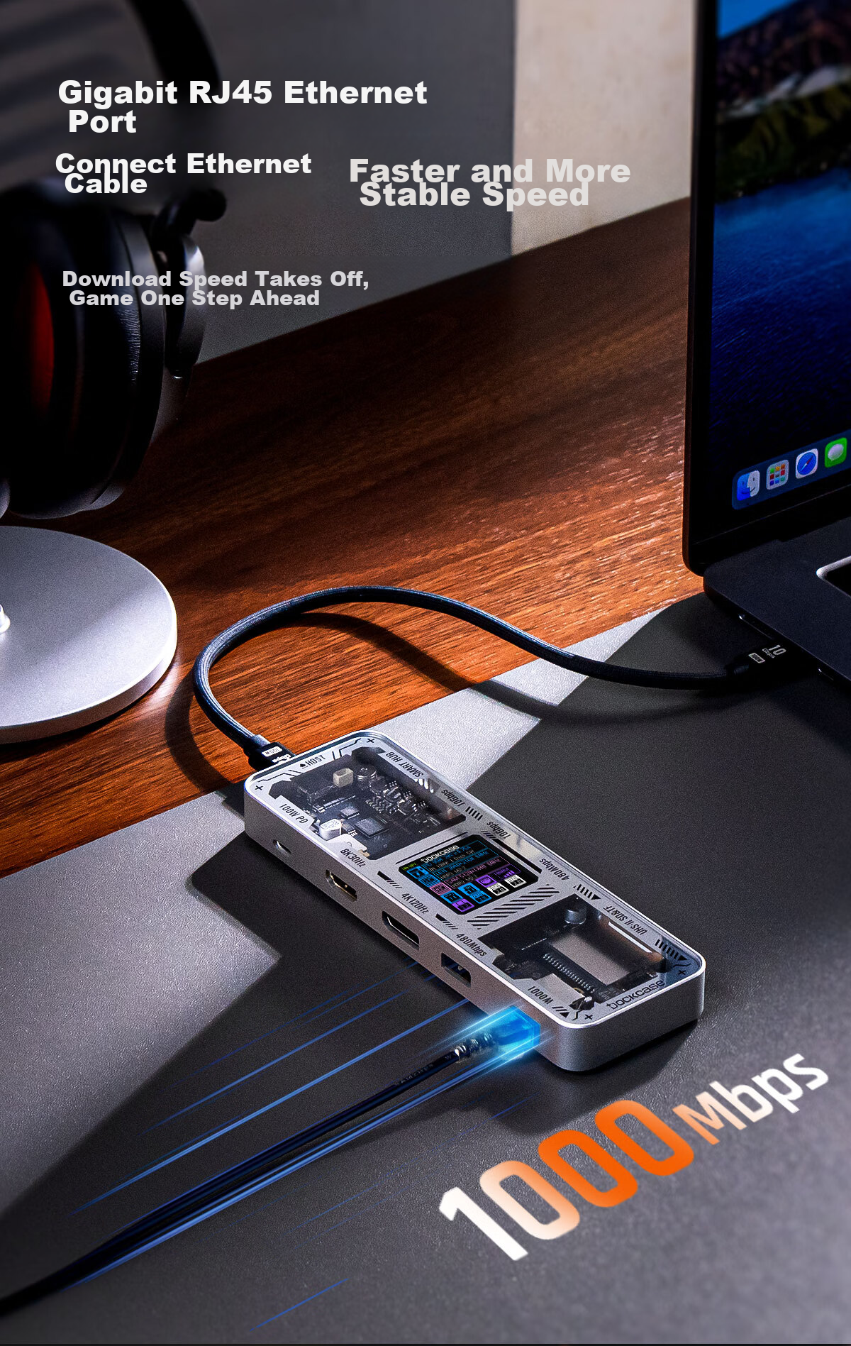DOCKCASE Multi-Case Intelligent Visualized 10-In Expansion Dock Type-C с U2 Card Slot Gigabit Ethernet Port, USB3.2 HDMI Converter DP Interface 8K Screen Mirroring для MacBook Desktop