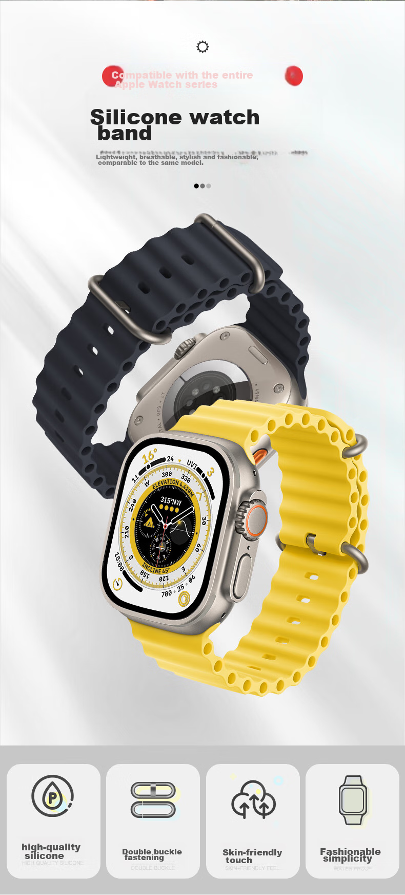 Ремешок BHO Ocean Band для Apple Watch S11/S10/Ultra3, силиконовый, темно-синий, 49/46/45/44мм