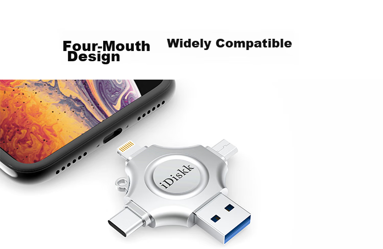 Флеш-накопитель iDiskk U018 512 ГБ, MFi Certified, USB 3.0, Lightning, Type-C, металлический корпус, серебристый