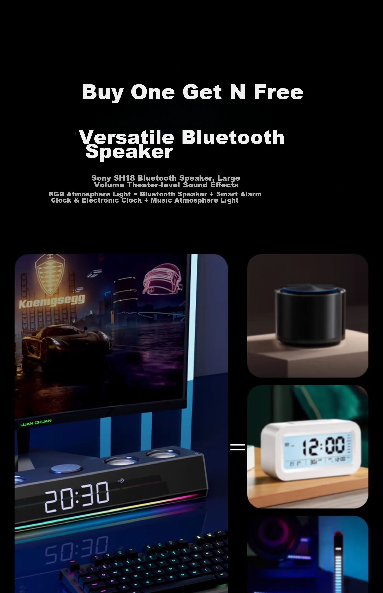 Акустическая система Soaiy SH18 Bluetooth, саундбар для компьютера, игровая акустика для ПК, черная версия с часами и подсветкой