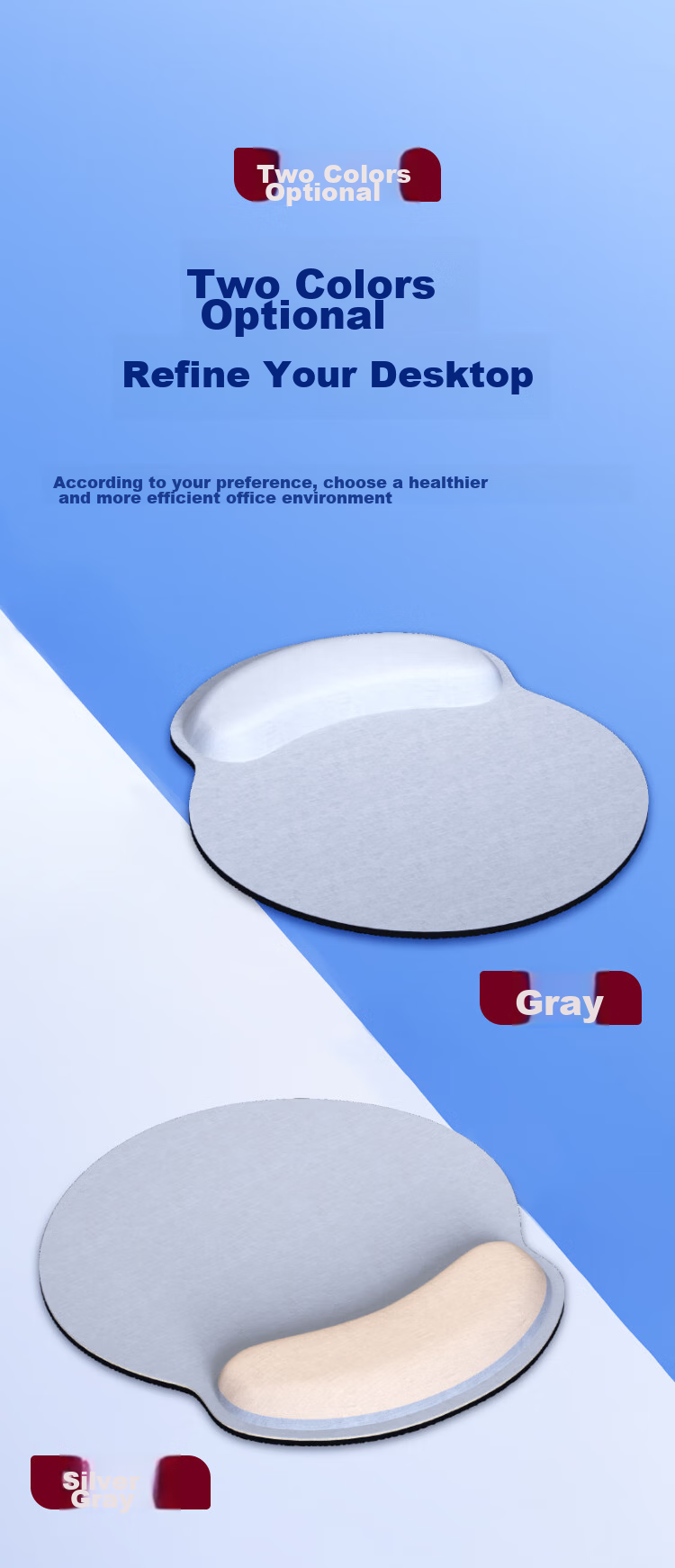 Коврик для мыши NVV M7 Silver Gray, эргономичный, с поддержкой запястья, из пены с эффектом памяти, нескользящий, 23.5x26.5 см