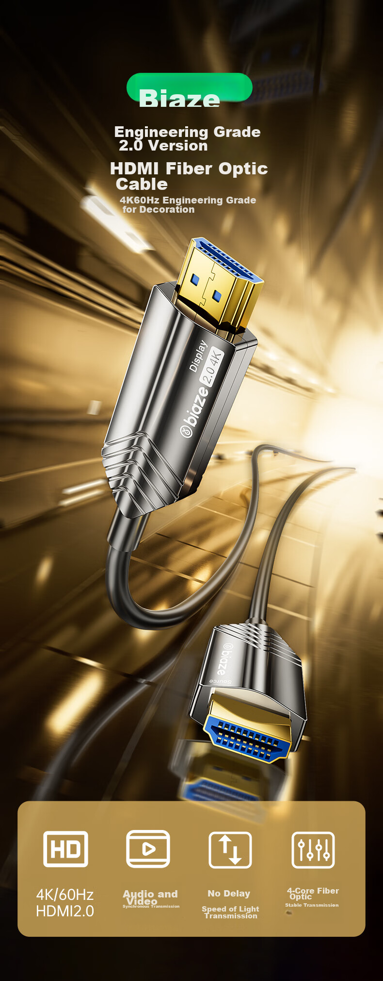 Оптический кабель BIAZE HDMI версии 2.0, 50 метров, для подключения компьютера, телевизора, проектора, домашнего кинотеатра, HX33