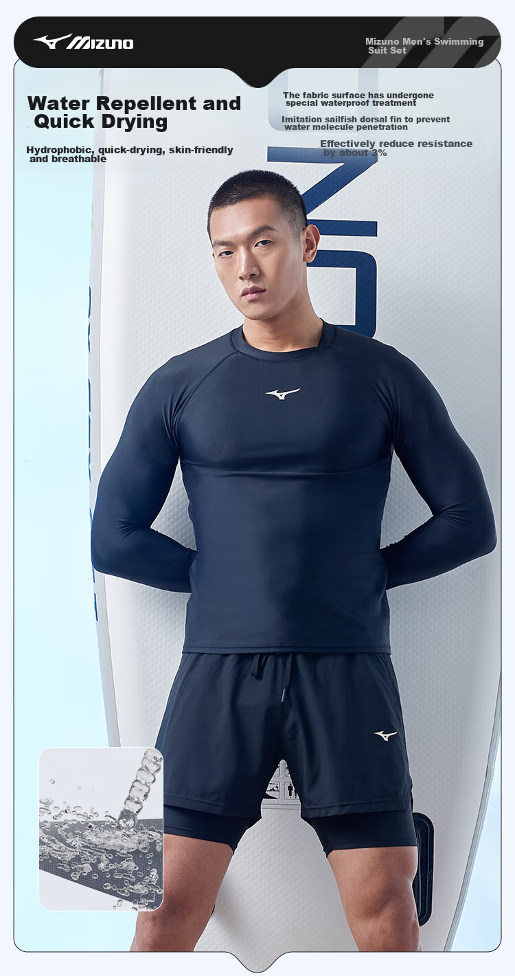 Мужской купальный костюм MIZUNO, комплект из шорт и футболки с коротким рукавом, быстросохнущий, большой размер, черный, L