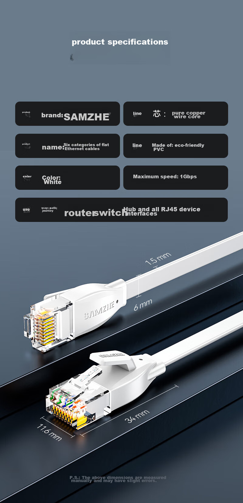 Сетевой кабель SAMZHE Cat6 Gigabit, плоский, из чистой меди, для подключения к интернету, видеонаблюдения, белый, 20 метров BBP620