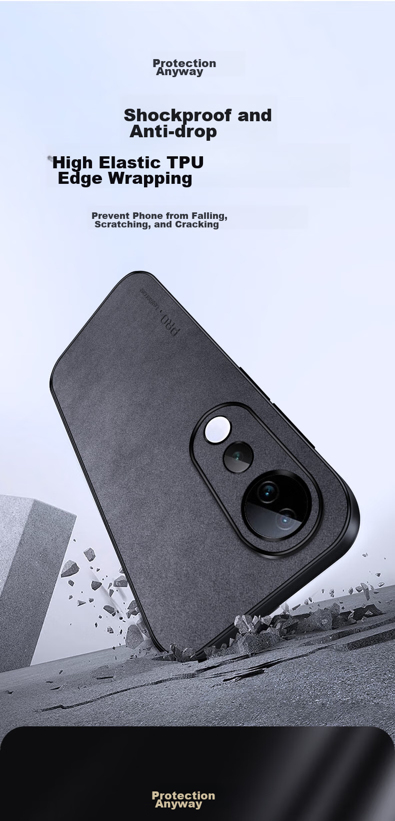 Чехол для телефона Shangsu для Vivo S19, противоударный, с полной защитой объектива, из силикона с внешним слоем из натуральной кожи ягненка, черный