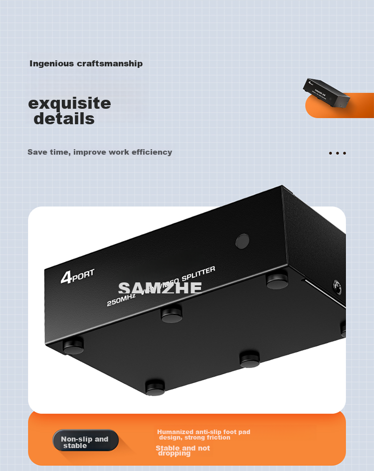 Разветвитель VGA SAMZHE HV-802W, 1 вход / 2 выхода, 250 МГц, поддержка HD 1080P, металлический корпус, черный