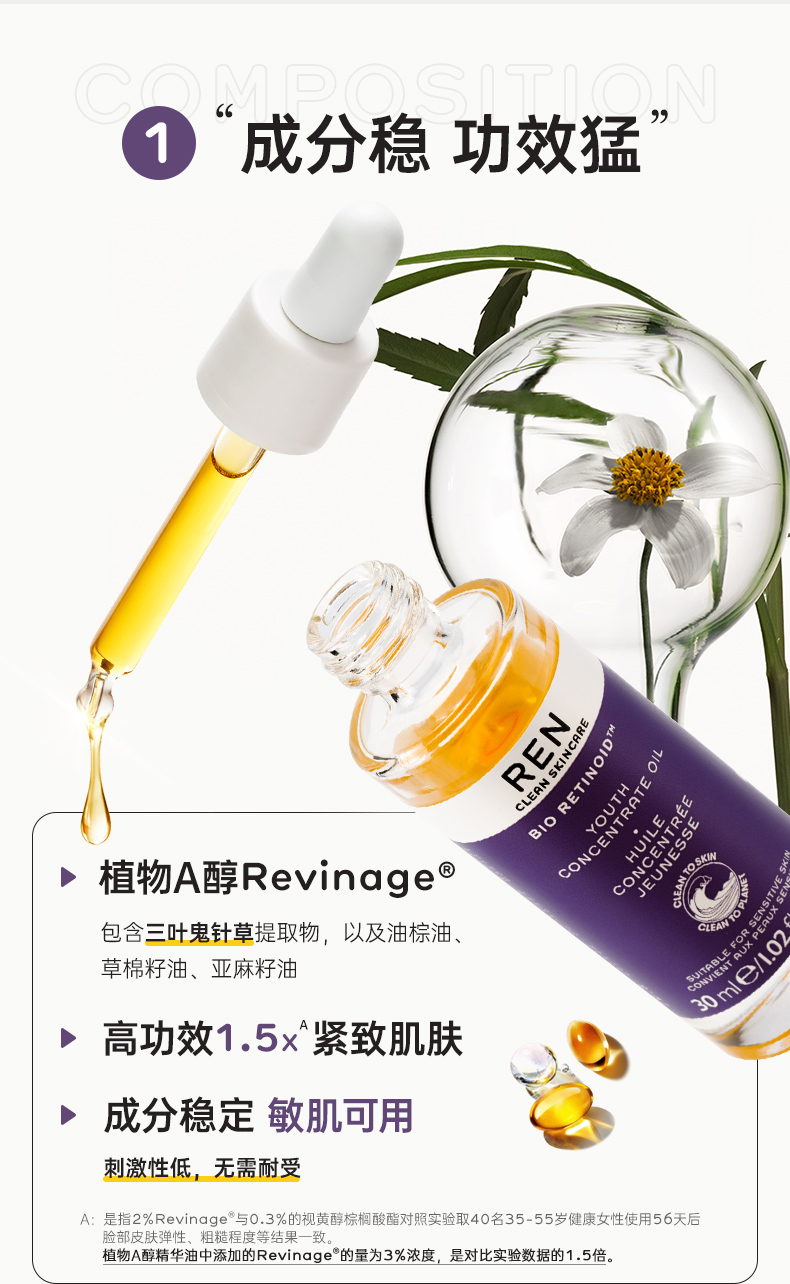 REN/芢 英国进口视黄醇植物A醇精华油30ml敏肌适用滋润养肤淡化细纹 