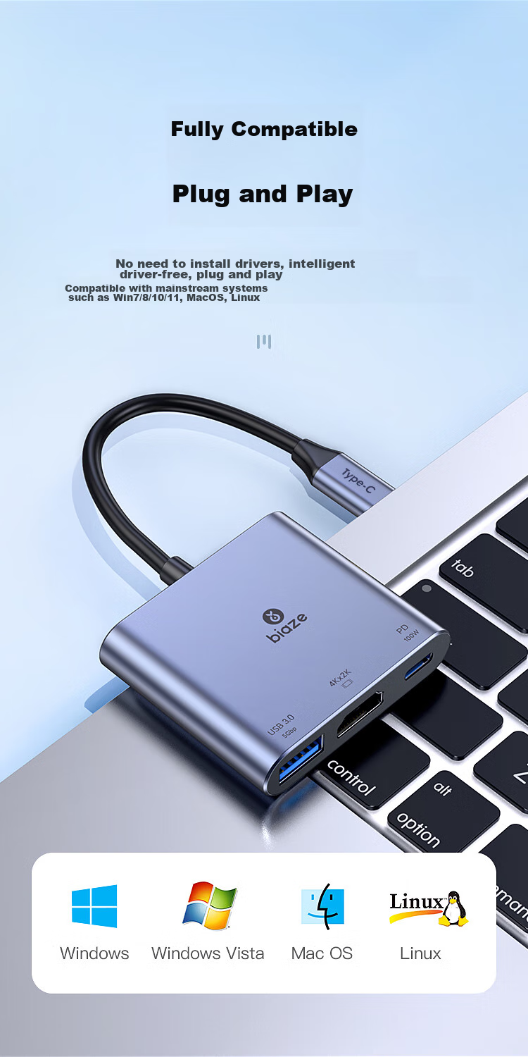 Адаптер-хаб BIAZE Type-C HDMI/USB 3.0/PD, конвертер для MacBook, подключение к проектору/монитору, USB-C хаб