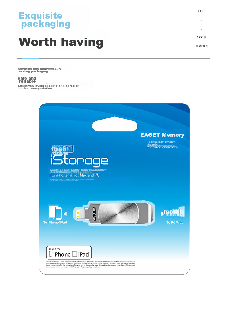 Флеш-накопитель EAGET I66 Lightning USB 3.0, 128 ГБ, MFi сертифицированный, для iPhone/iPad и компьютеров, серебристый