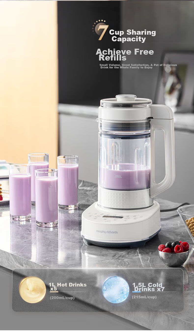 Блендер Morphy Richards MR8202A, 1.5 л, белый, с функцией подогрева воды, отделением для бобов, тихий режим, таймер, соковыжималка, приготовление детского питания