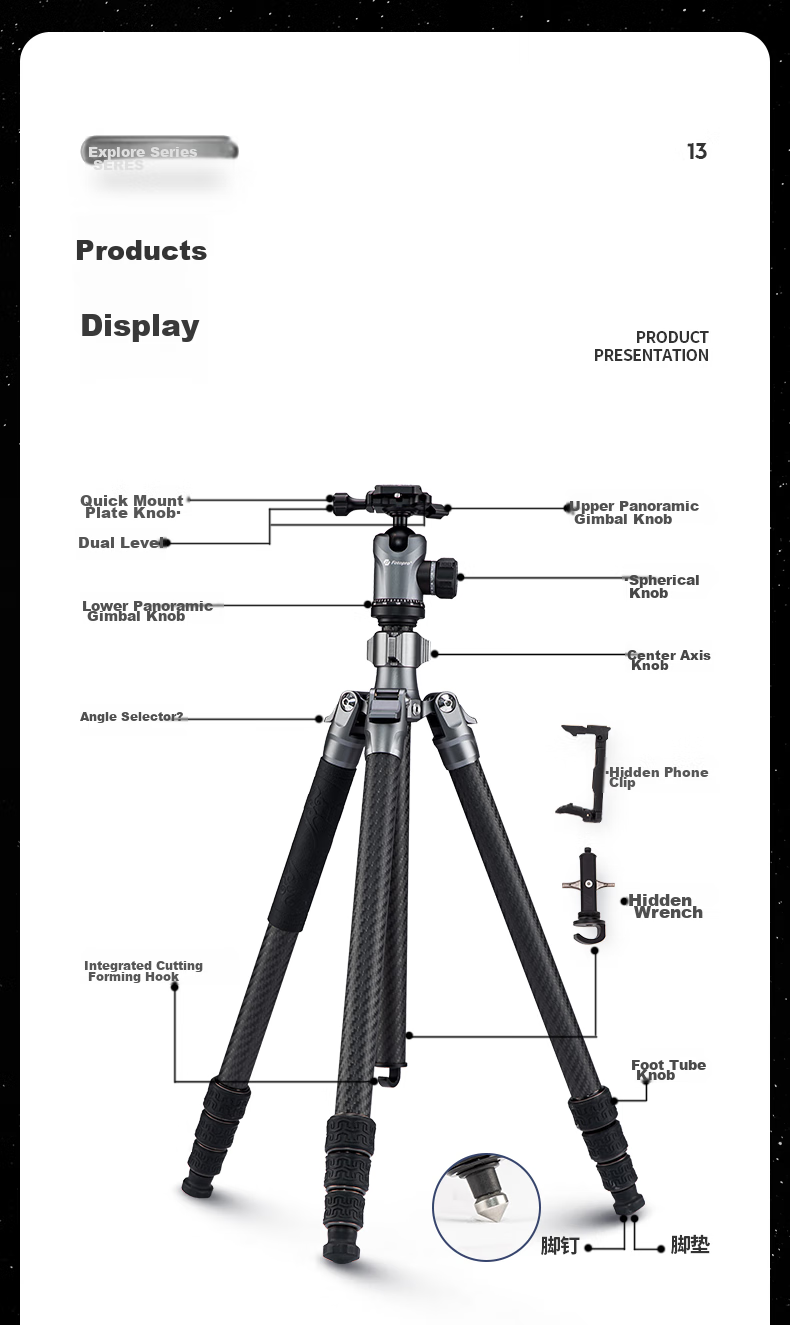 Штатив Fotopro MG4 Dual Panoramic Ball Head, 3K Carbon Fiber Professional DSLR Mirrorless Camera Photography And Videography Tripod Head, with Phone Clamp, Orange