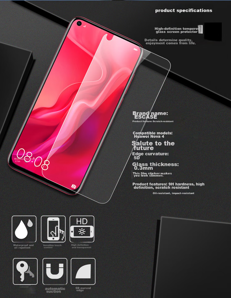 Защитное стекло ESCASЕ для Huawei Nova 4/5i/6se, полноэкранное, без белых краев, высокое разрешение, прозрачное