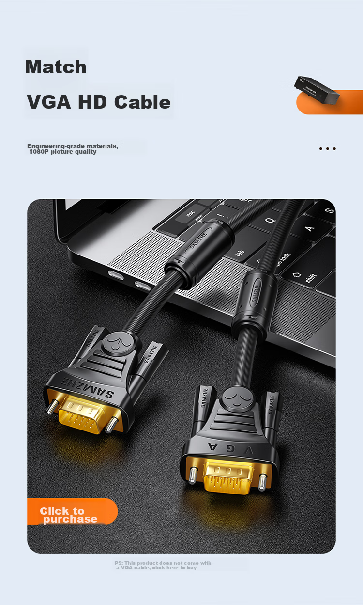 Разветвитель VGA SAMZHE HV-802W, 1 вход / 2 выхода, 250 МГц, поддержка HD 1080P, металлический корпус, черный