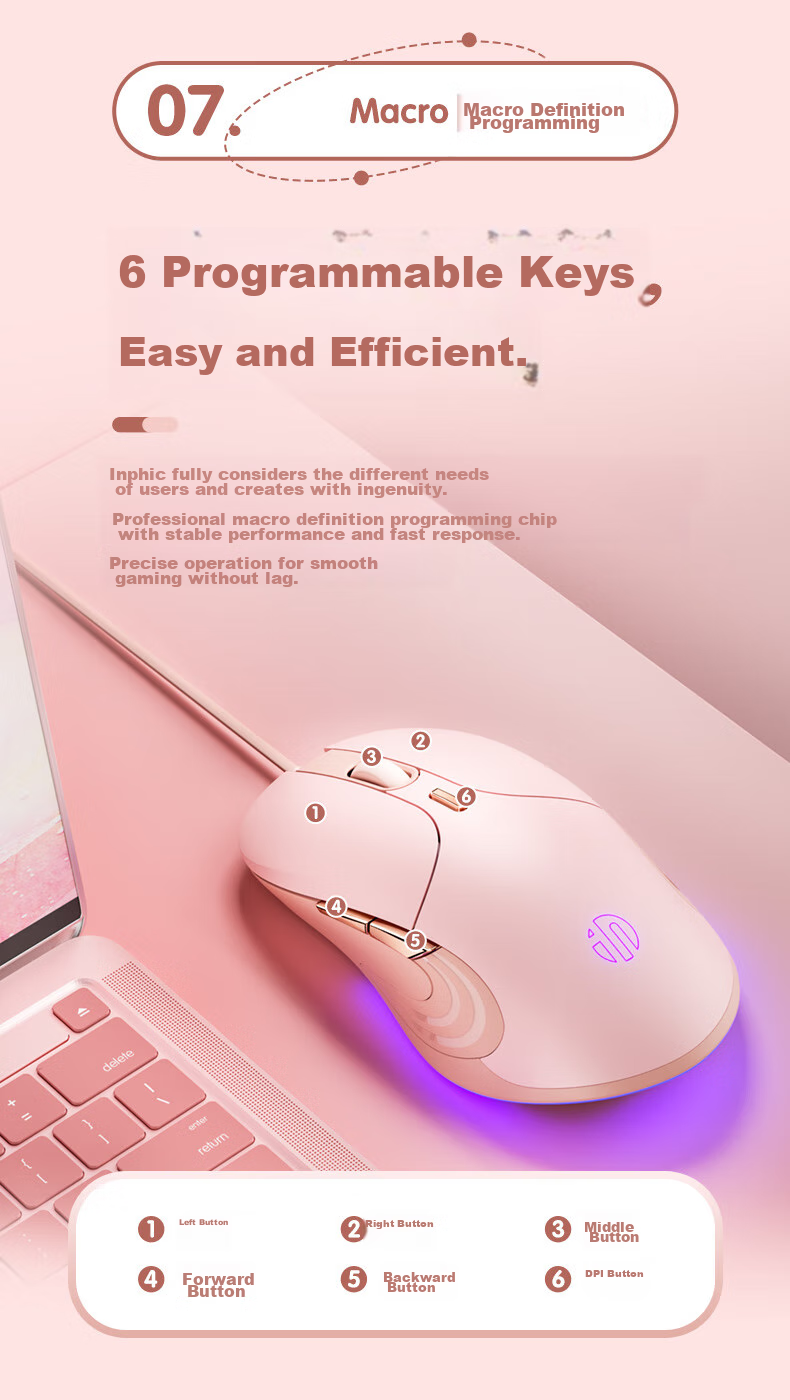 Игровая мышь INPHIC B8, проводная, макросы, бесшумная, эргономичная, USB, цвет молочный чай