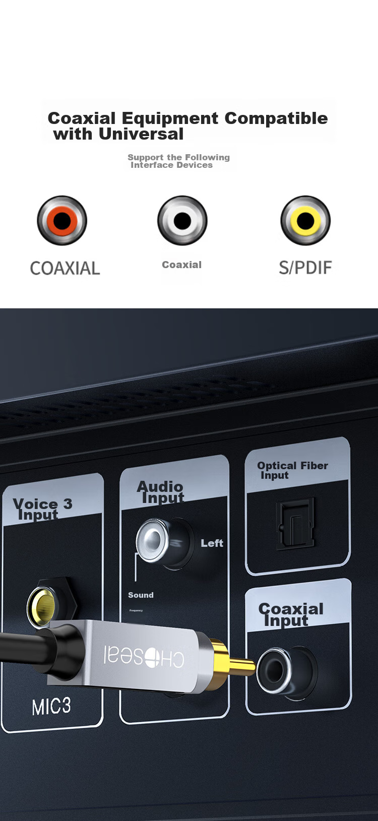 Аудиокабель CHOSEAL QS3546T1, RCA (коаксиальный), 1 м, серебряное покрытие, для аудиосистем