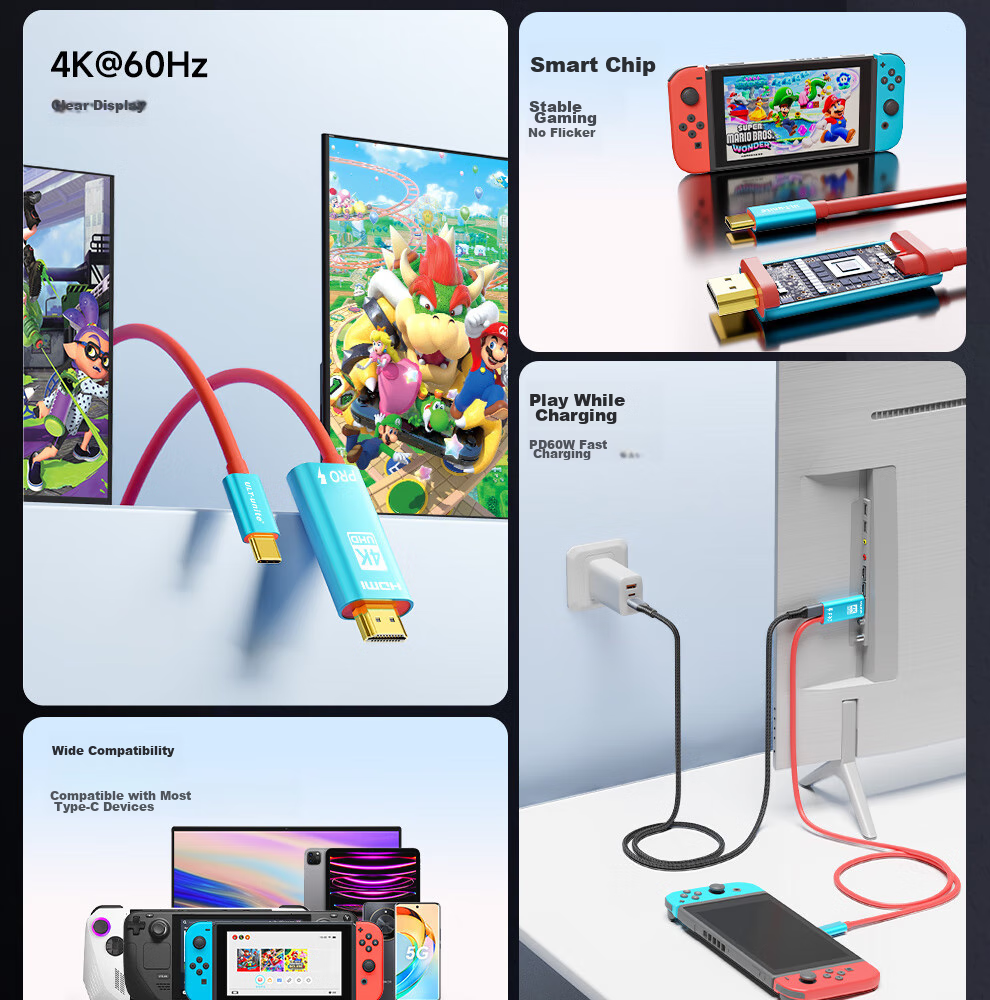 Кабель ULT-unite Type-C на HDMI 4K 60Hz, 2 метра, для Nintendo Switch, телефонов, компьютеров, с поддержкой PD зарядки