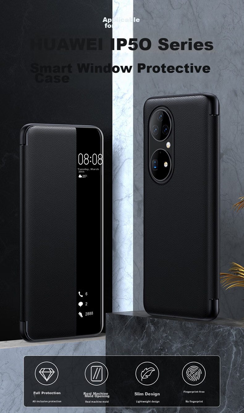Чехол для Huawei P50 Pro ZhengJian, синий, кожаный, с окошком, смарт-окно, противоударный, бизнес-стиль