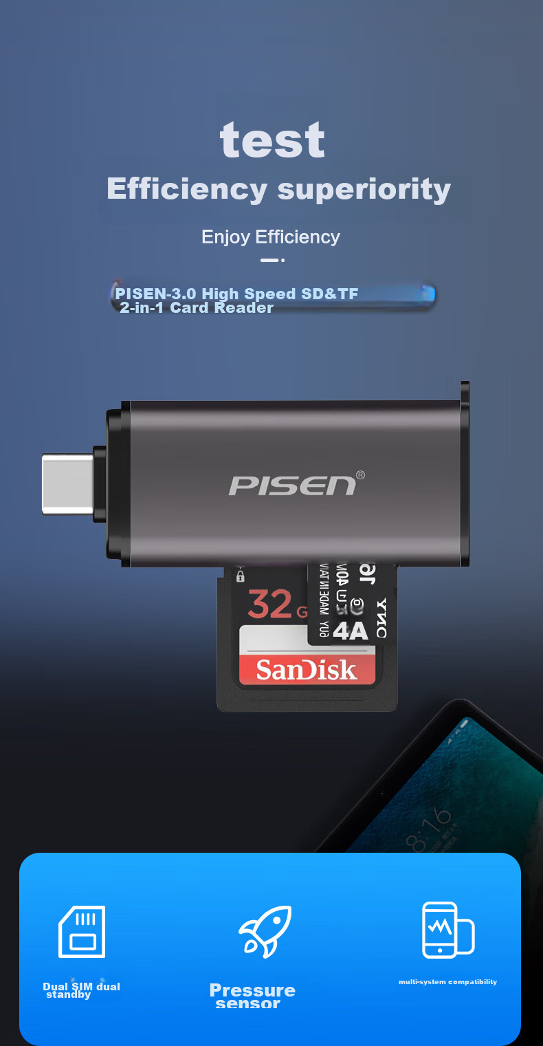 Кард-ридер PISEN Type-C SD/TF, 2-в-1, алюминиевый корпус, USB 3.0, OTG для смартфонов и ноутбуков