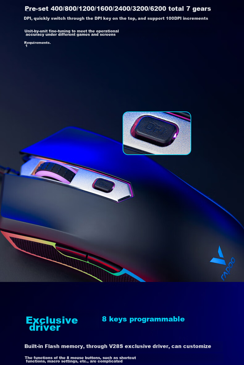 Игровая мышь Rapoo V28S, проводная, RGB, 8 программируемых кнопок, черная