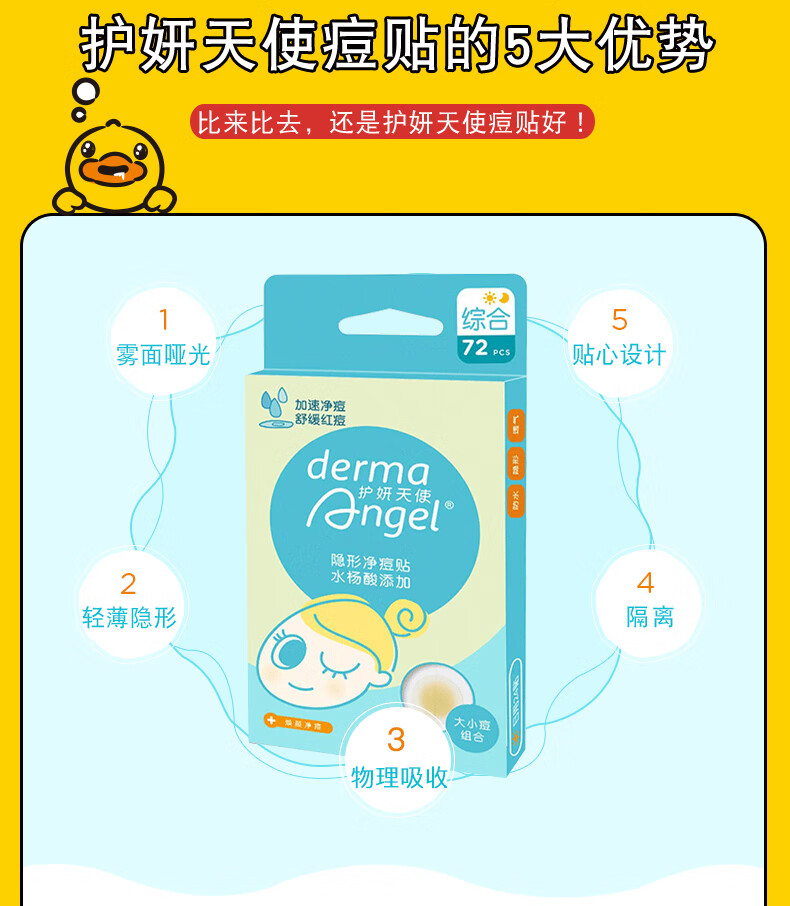 护妍天使（DermaAngel）水杨酸隐形净痘贴 日夜混合72贴 痘痘贴可上妆超薄吸浓隔离污染