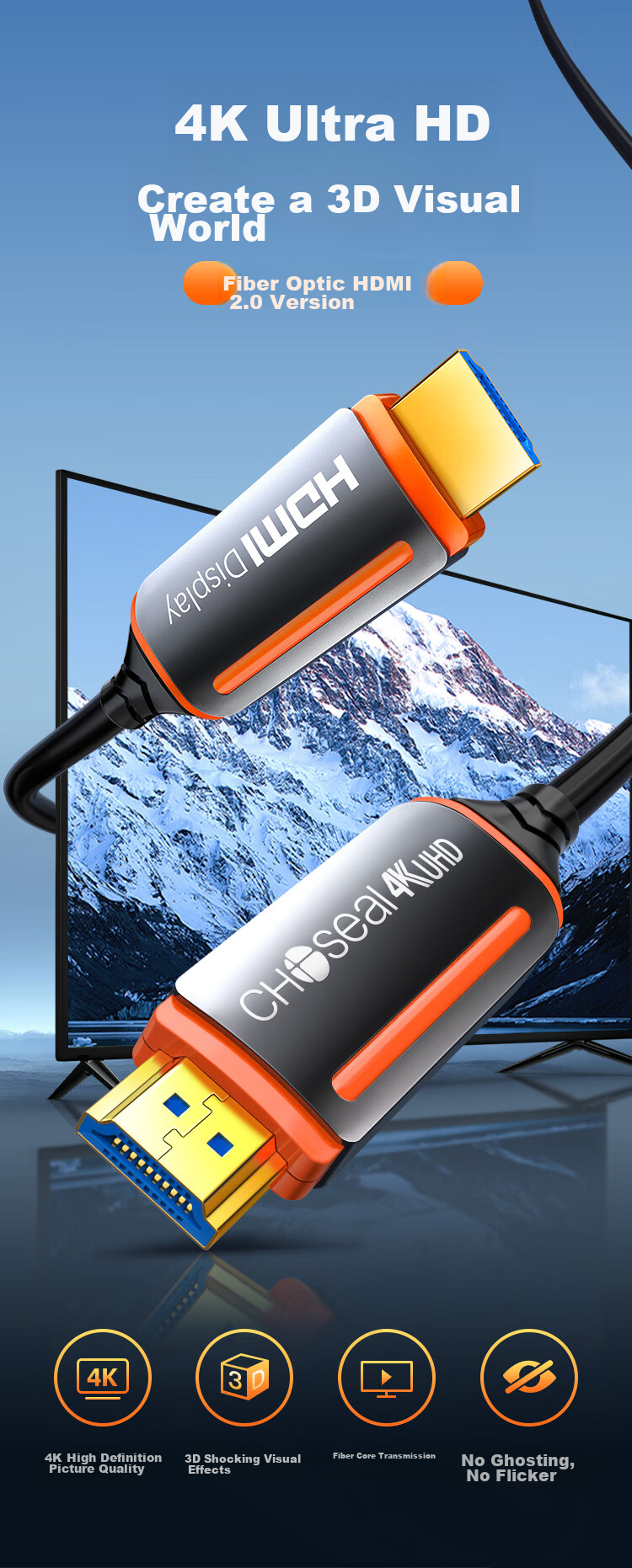 Оптический кабель CHOSEAL HDMI 2.0, 4K@60Hz, 3D, 30 метров