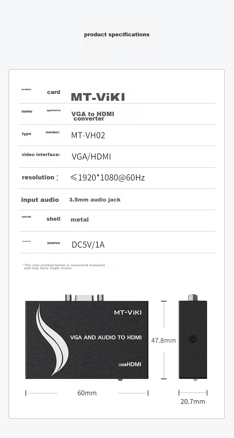 Адаптер MT-viki VGA на HDMI с аудио и внешним питанием, HD конвертер для ноутбуков, ТВ-приставок, проекторов и телевизоров, модель MT-VH02