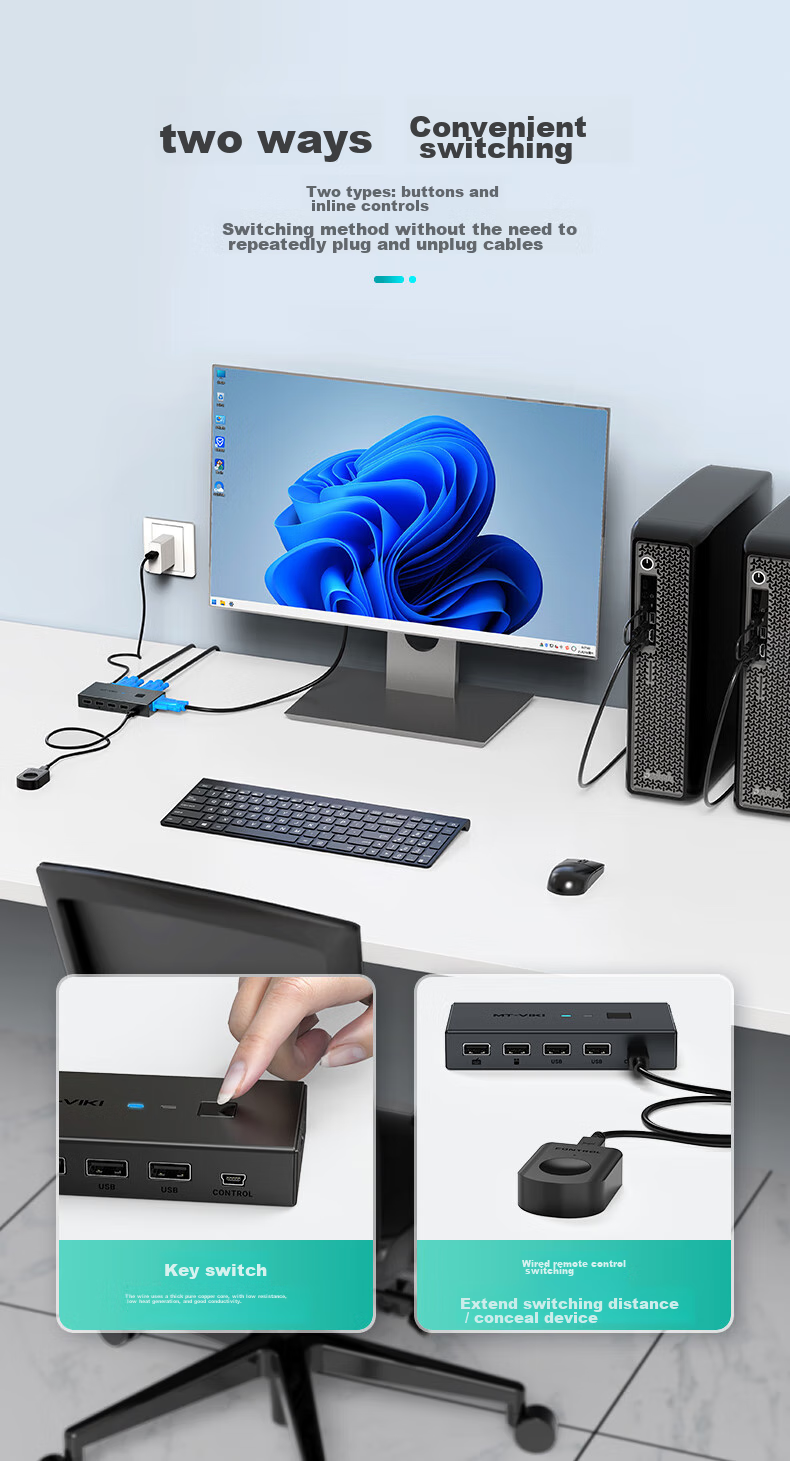 KVM-переключатель MT-viki MT-KV2, 2 порта VGA, USB, для совместного использования монитора, клавиатуры и мыши